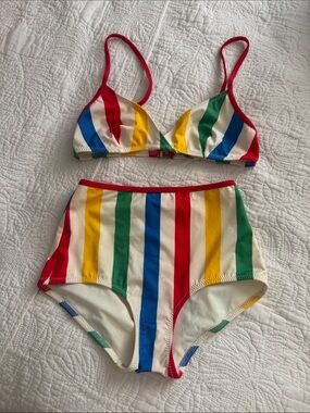 SOLID & STRIPED Multi-Color Striped High-Waist Bikini Set
